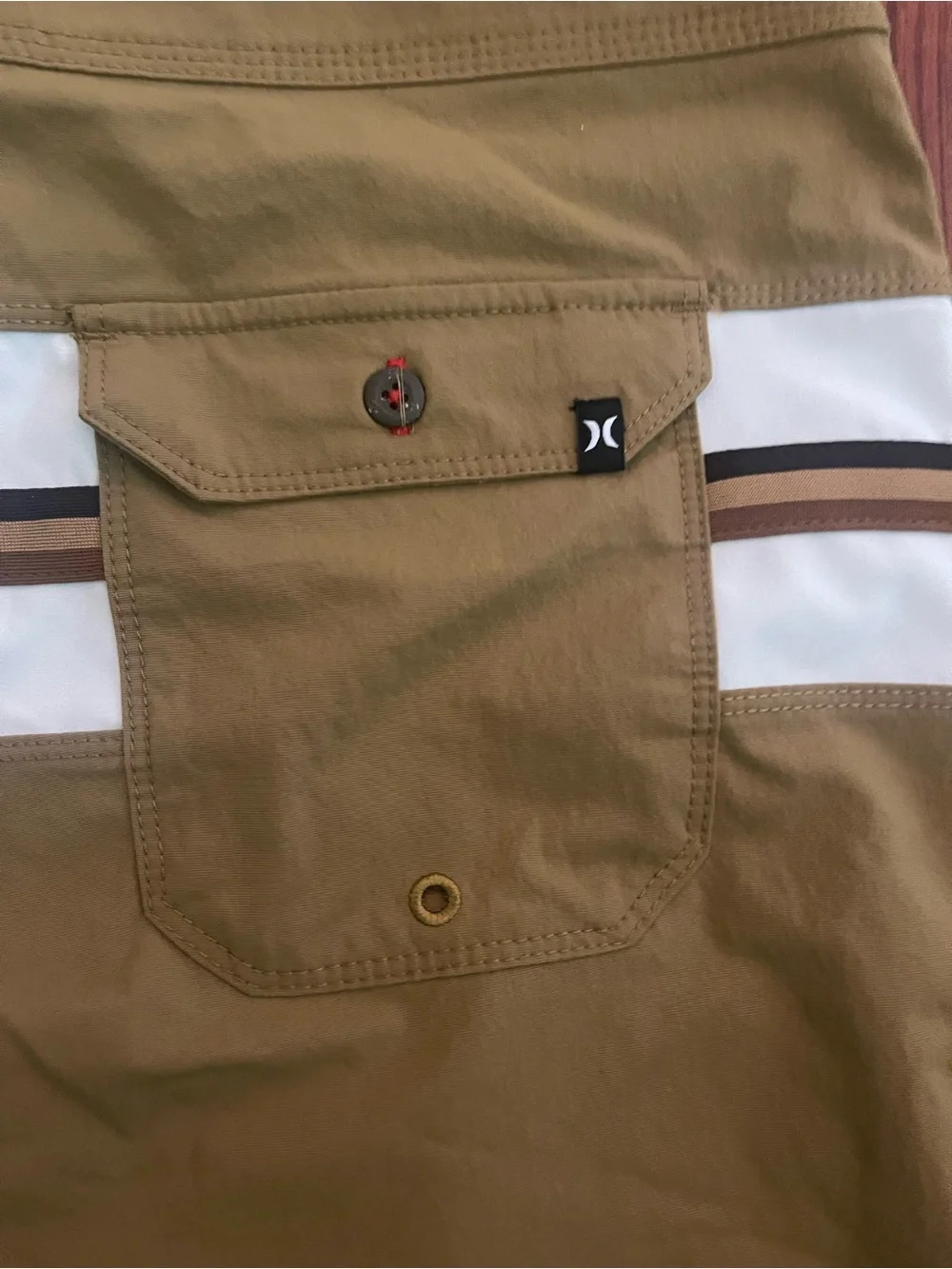 Hurley Men's Khaki Swim Shorts with White and Brown Stripes